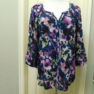 ST. JOHN’S BAY Womens 3/4 Sleeve Peasant Boho Purple Floral Top Large NWT